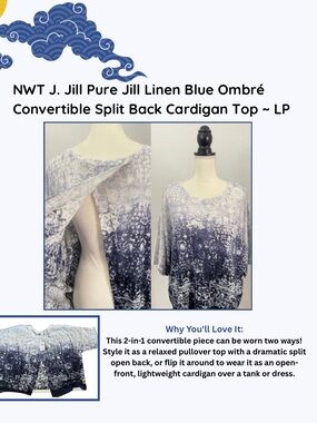 NWT J. Jill Blue Ombre Convertible Sweater Top LP